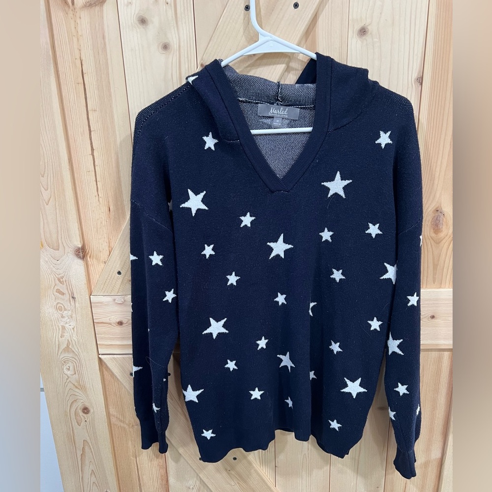 Marled Navy blue with white stars knitted pullover hooded sweater